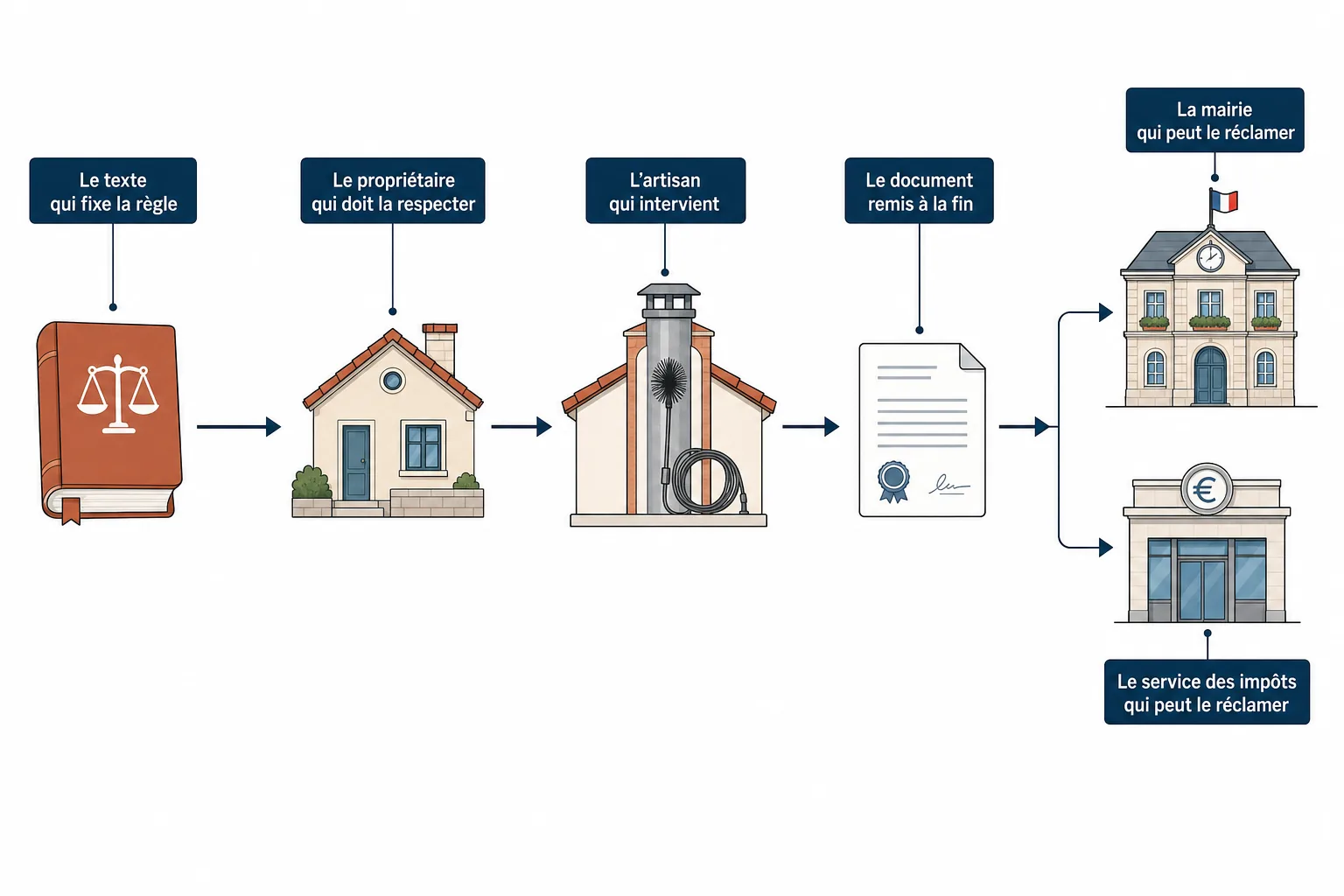 Schéma illustrant le circuit de l'obligation de ramonage, du règlement jusqu'au contrôle par l'assurance ou la mairie