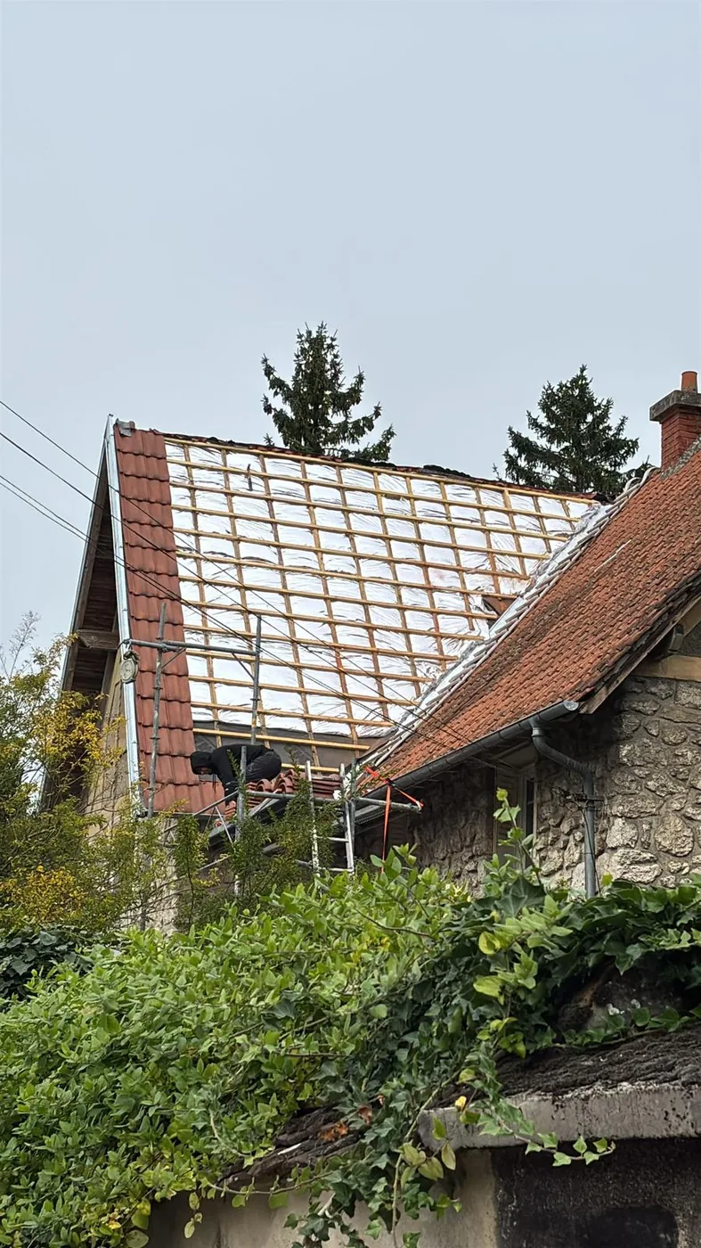 Maison ancienne en pierre et sa couverture en tuiles plates, échafaudage posé