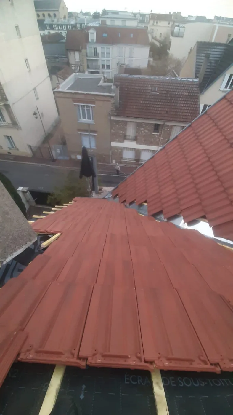 Toiture refaite en tuiles mécaniques, vue plongeante sur les toits voisins