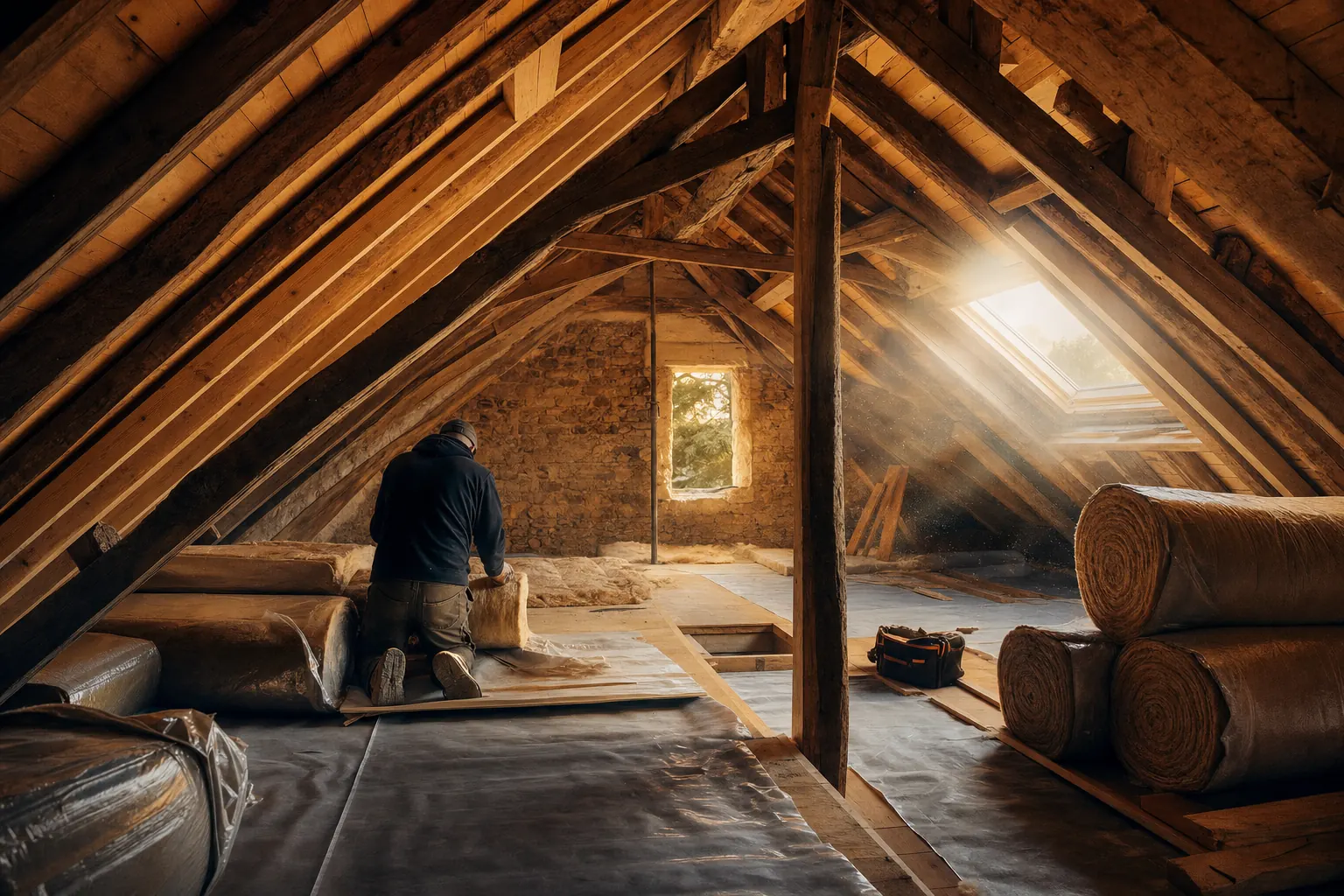 Charpentier dans un comble en rénovation, fermes en chêne et laine de verre, rais de lumière