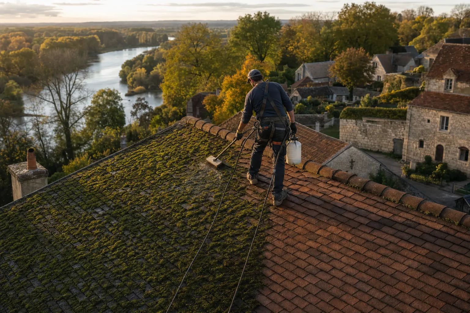 Toiture en tuiles plates à moitié démoussée, couvreur avec brosse et pulvérisateur