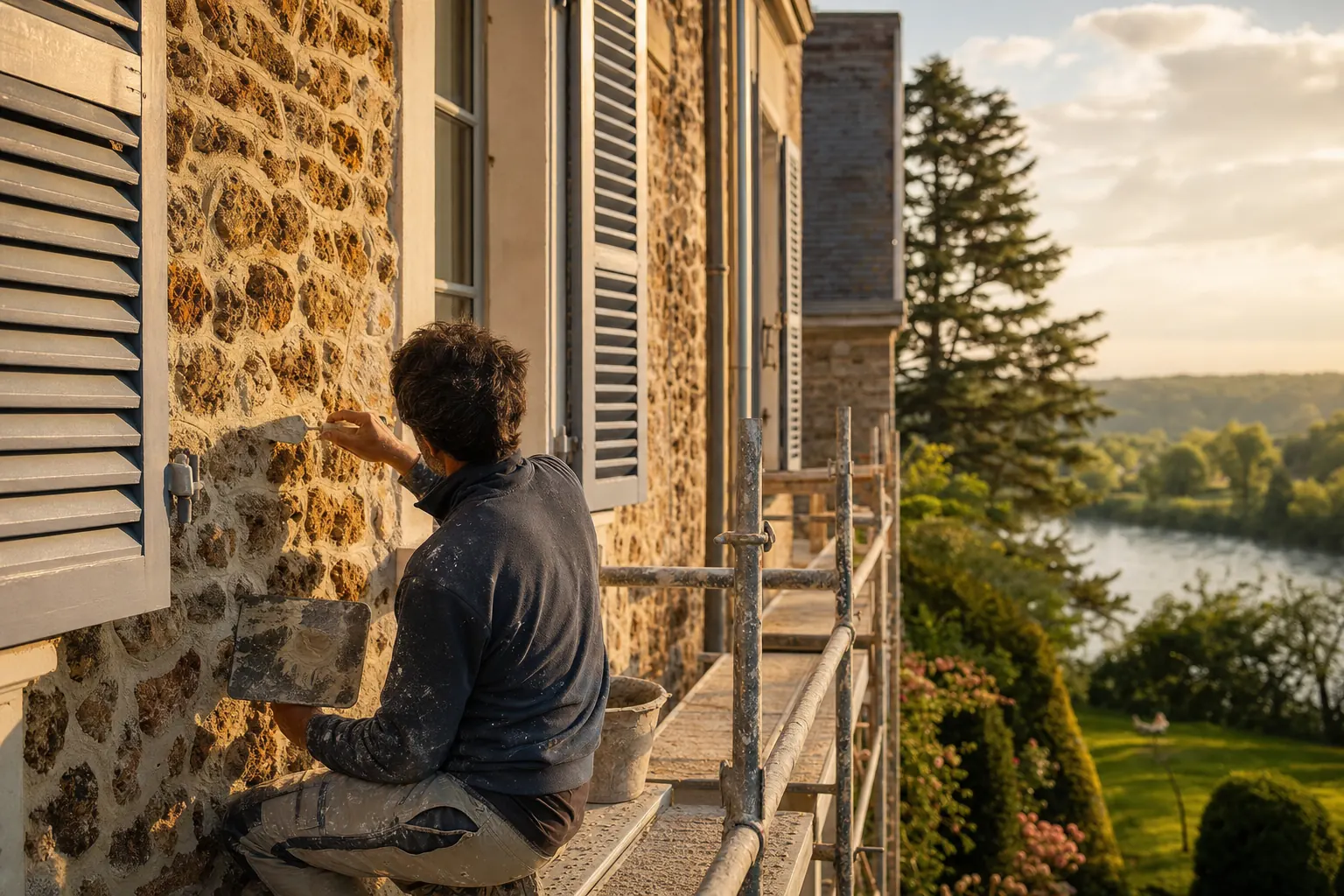 Façadier sur échafaudage rejointoyant à la chaux un mur en meulière, volets gris-bleu
