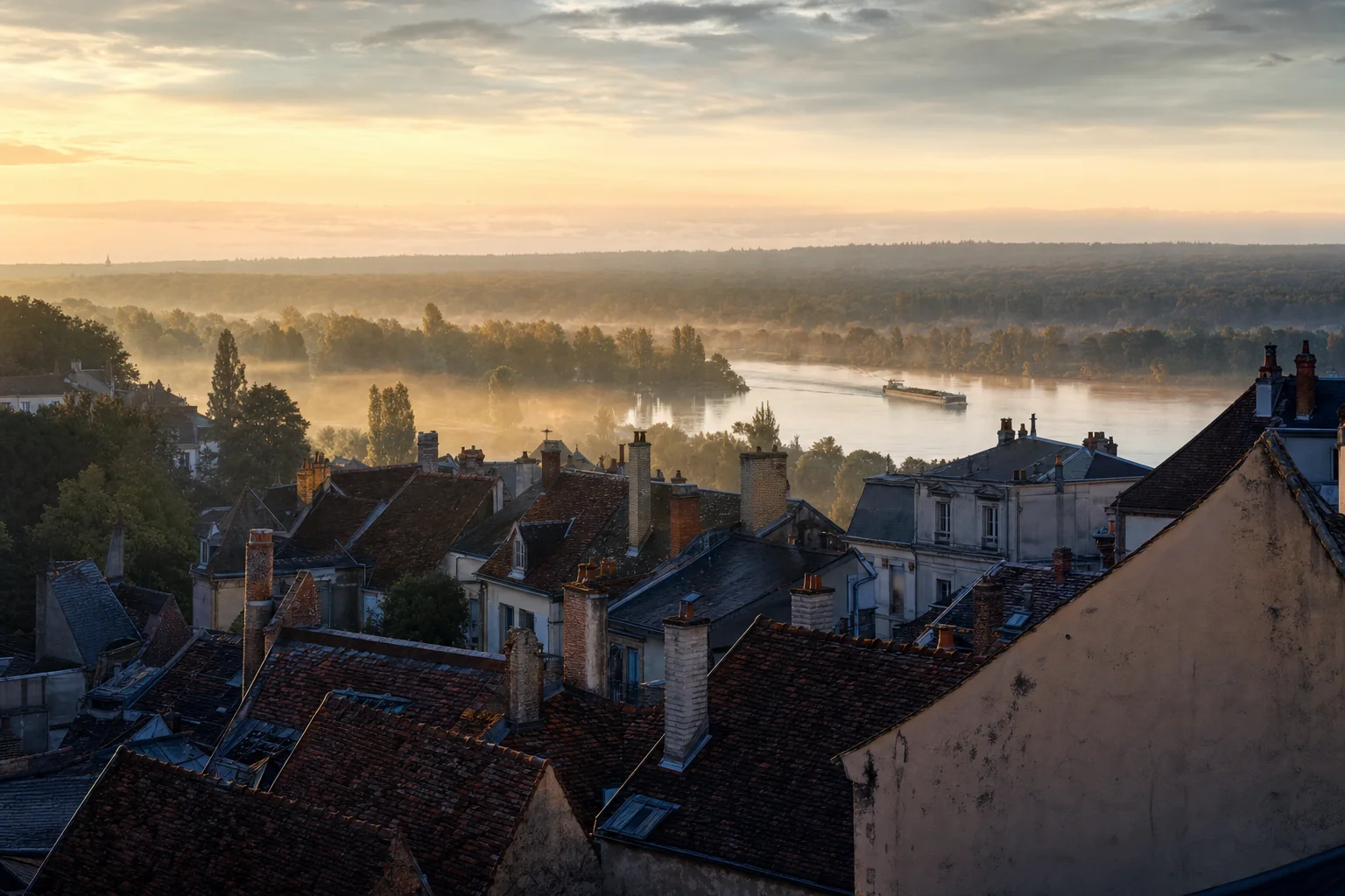 Toits de tuile plate et d'ardoise d'une ville ancienne des bords de Seine, péniches et forêt à l'horizon